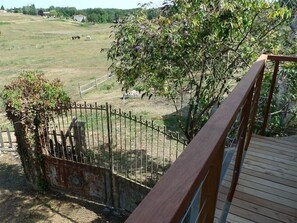 Guests can enjoy a serene view of grazing animals from the deck surrounded by lush vegetation.
