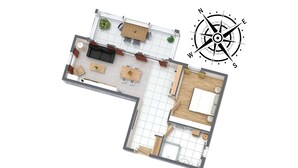 Plano de planta en 2D de una habitación de hotel con sala de estar, comedor y dormitorio.