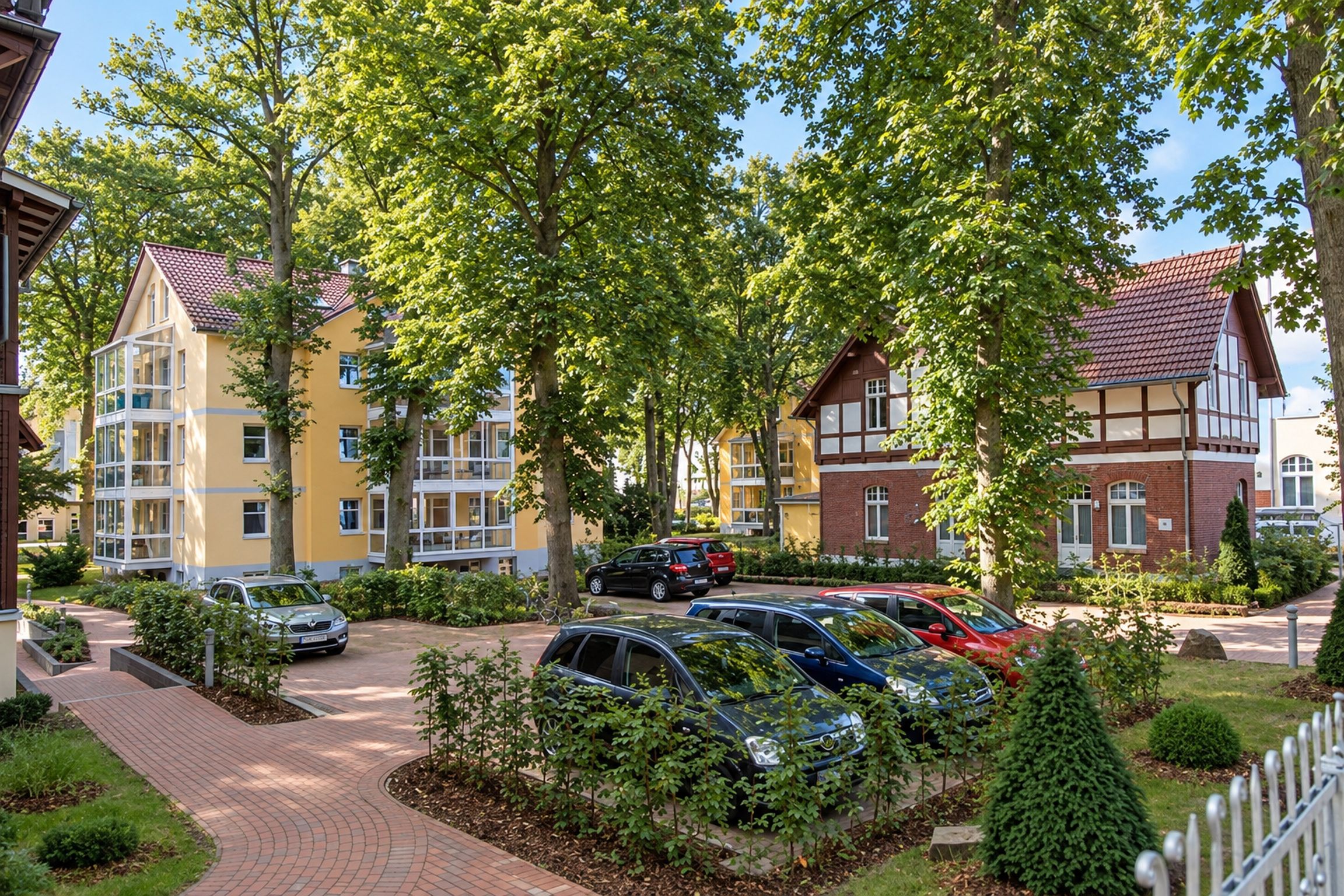 A residential area with multi-story buildings, parked cars, and a paved walkway.