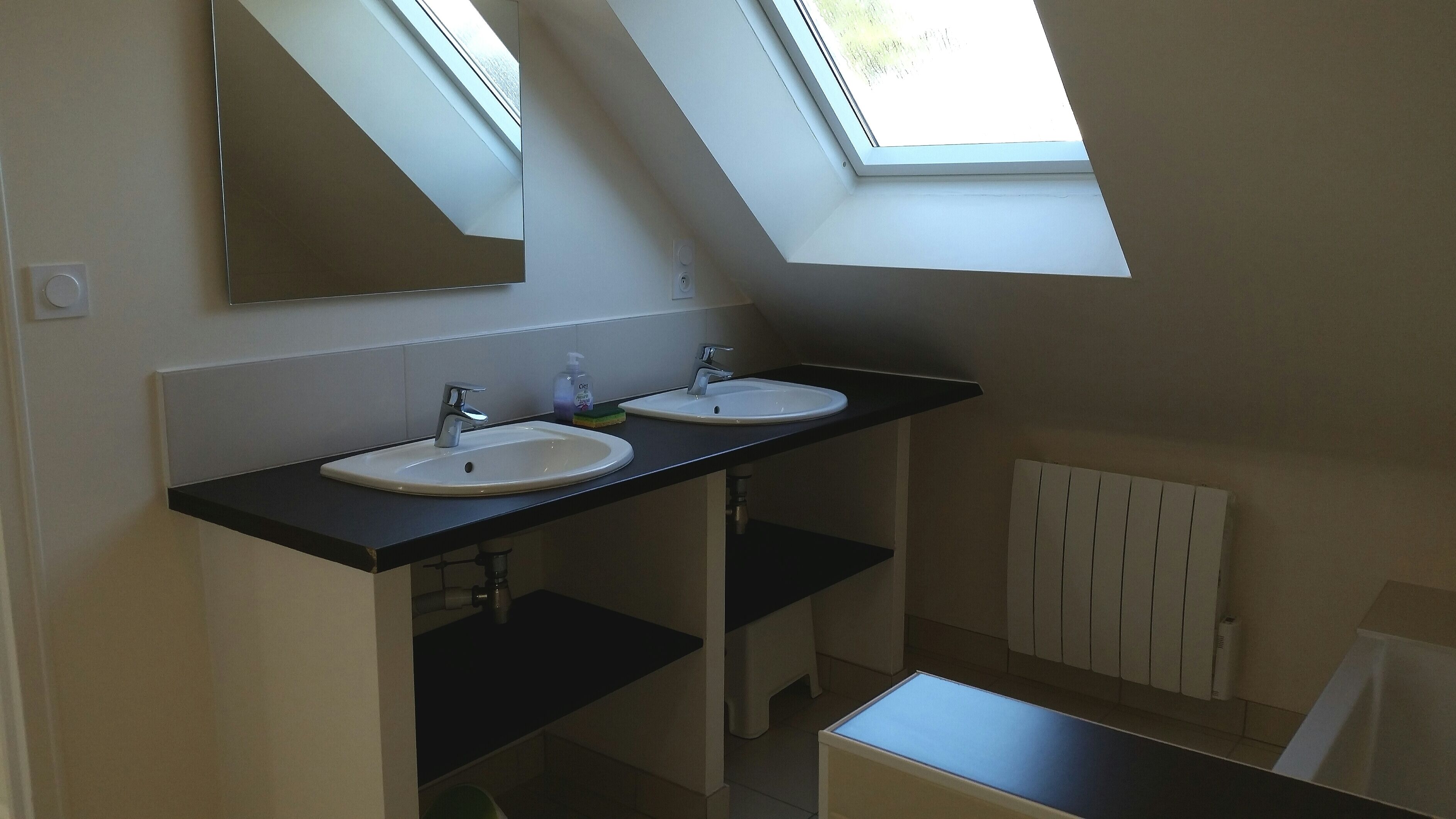 Ein modernes Badezimmer mit zwei Waschbecken, einem Spiegel und einem Oberlicht.