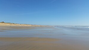 Une vaste plage de sable fin, avec des vagues douces, un ciel dégagé et des dunes en arrière-plan.