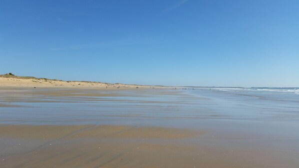 Ein weiter Sandstrand mit sanften Wellen, einem klaren Himmel und fernen Dünen.