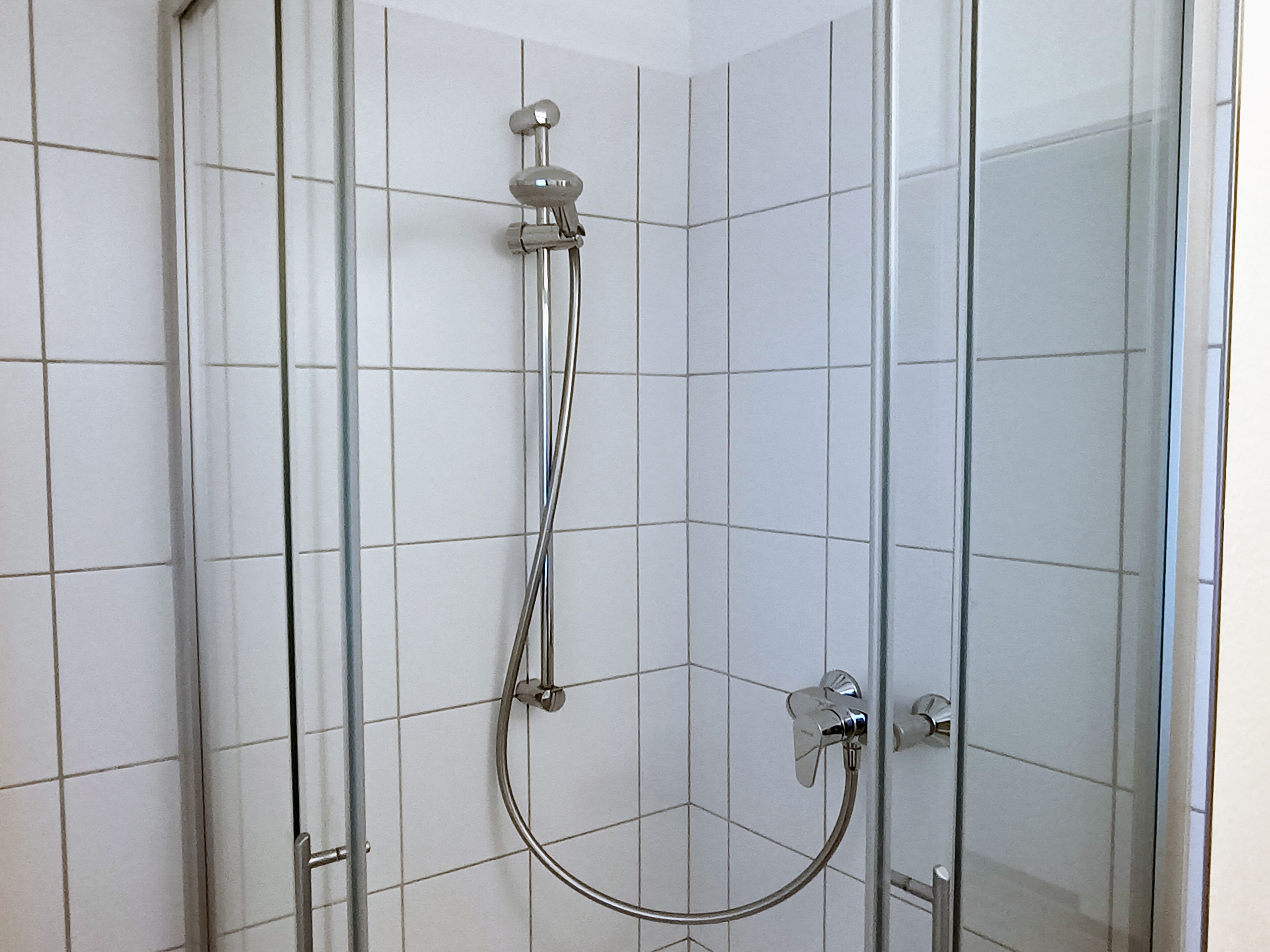 A glass-enclosed shower with a handheld showerhead and a flexible hose.
