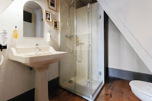 Basic Apartment | Bathroom | Shower, rainfall showerhead, hair dryer, towels