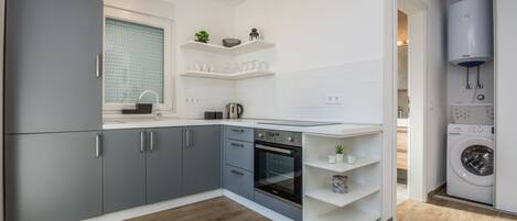 City Apartment (A1) | Private kitchen | Fridge, microwave, oven, stovetop