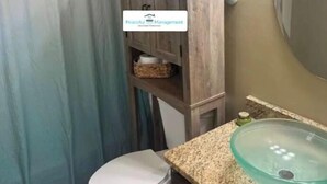 Ein Badezimmer mit Duschvorhang, Toilette, Waschtisch mit Spiegel und Waschbecken aus Glas.