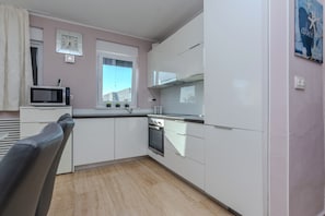 Family Apartment (A1) | Cocina privada | Frigorífico, microondas, horno y placa de cocina