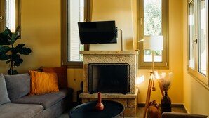 A living room with a fireplace, sofa, and television.