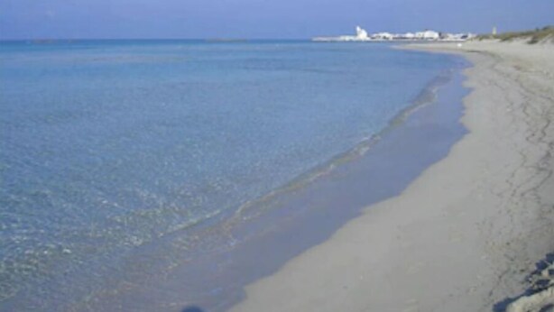 Une plage avec une eau d’un bleu limpide et un rivage sablonneux.