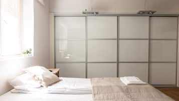 2 bedrooms, desk, laptop workspace, iron/ironing board