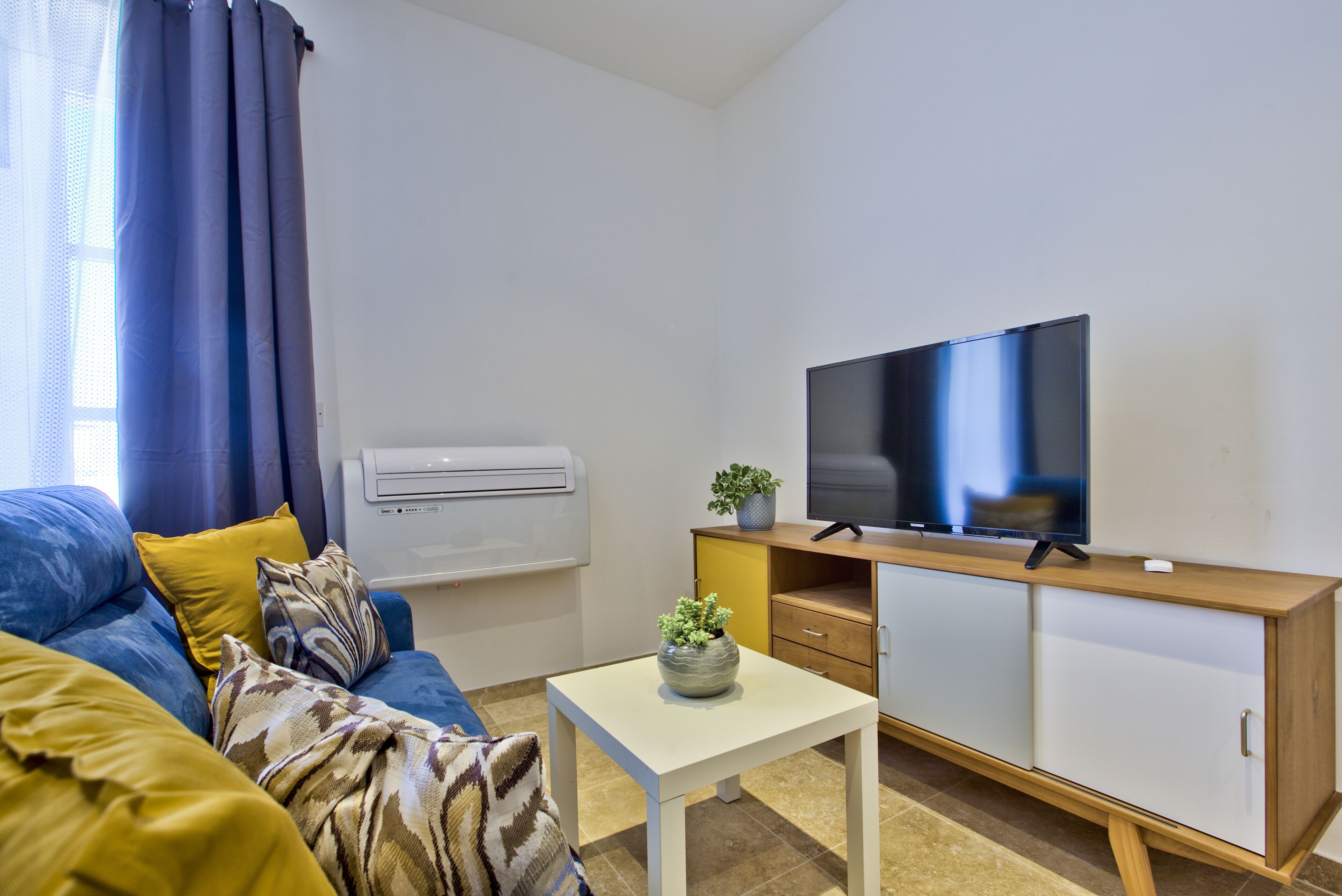 Una sala de estar moderna con un sofá, un televisor de pantalla plana, una pequeña mesa con una planta y un mueble de madera.