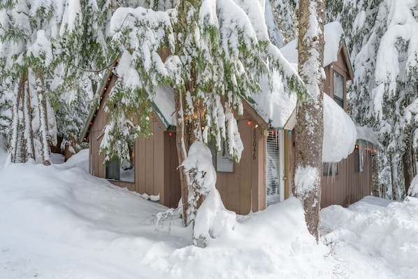 A cabin with a wooden exterior, surrounded by snow-covered trees. - Government Camp, still available for July 4th, 3rd night free ! (Government Camp)