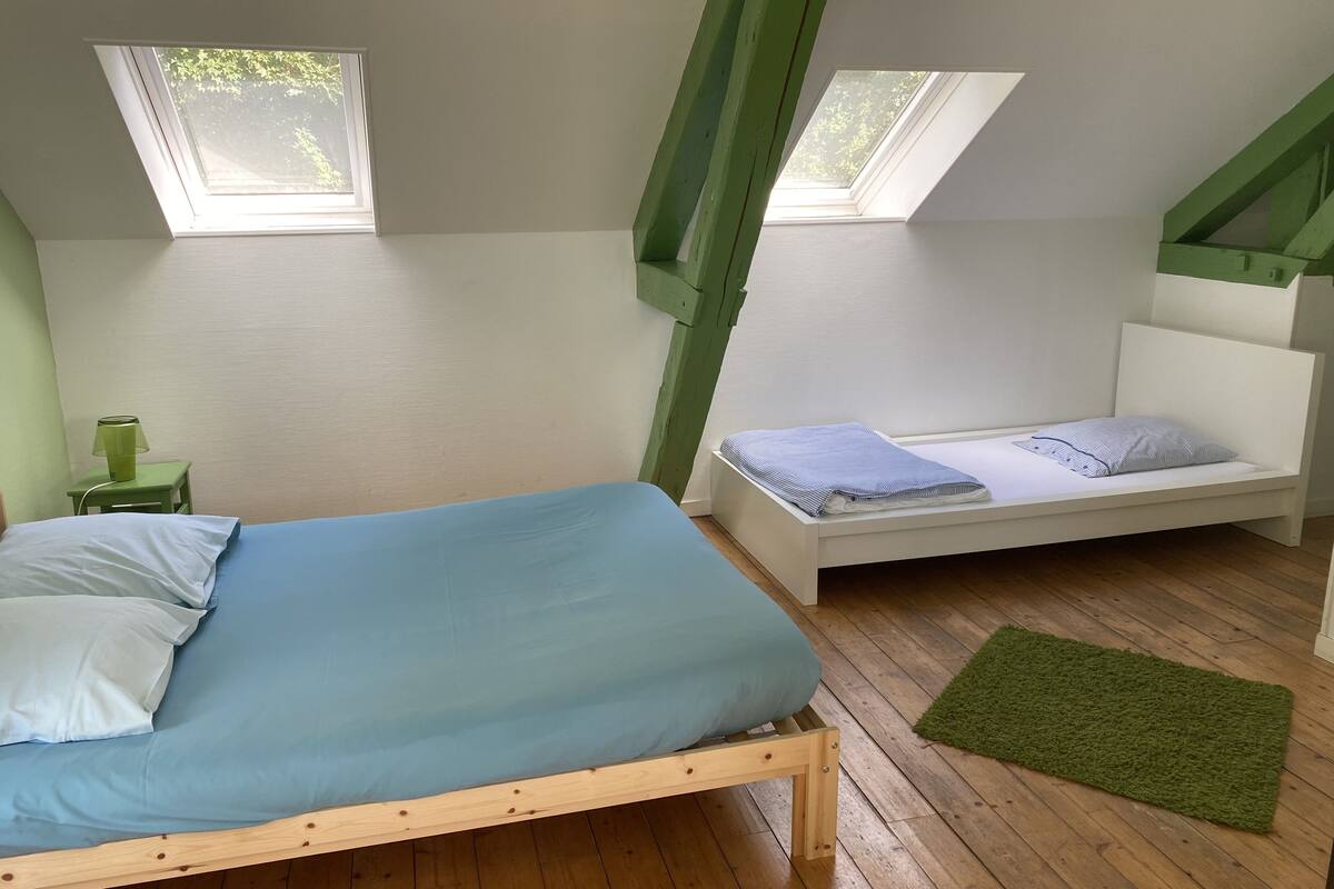 Una habitación con dos camas, una mesita con lámpara y una alfombra verde.