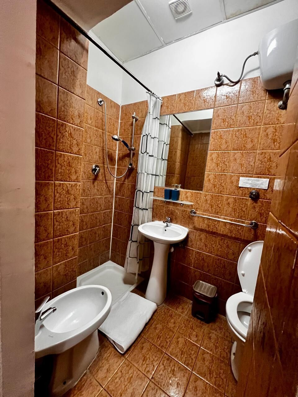 A bathroom with a shower, two sinks, a toilet, and a mirror.