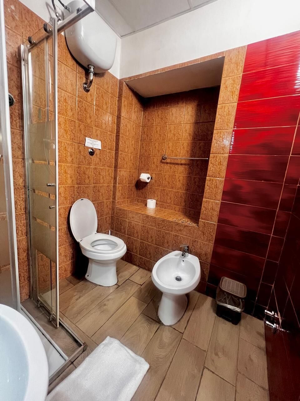 A bathroom with a toilet, bidet, and shower.