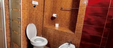 A bathroom with a toilet, bidet, and shower.