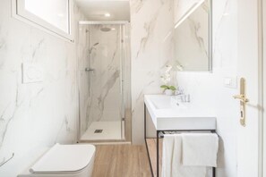 Chuveiro, secador de cabelo, toalhas de banho 