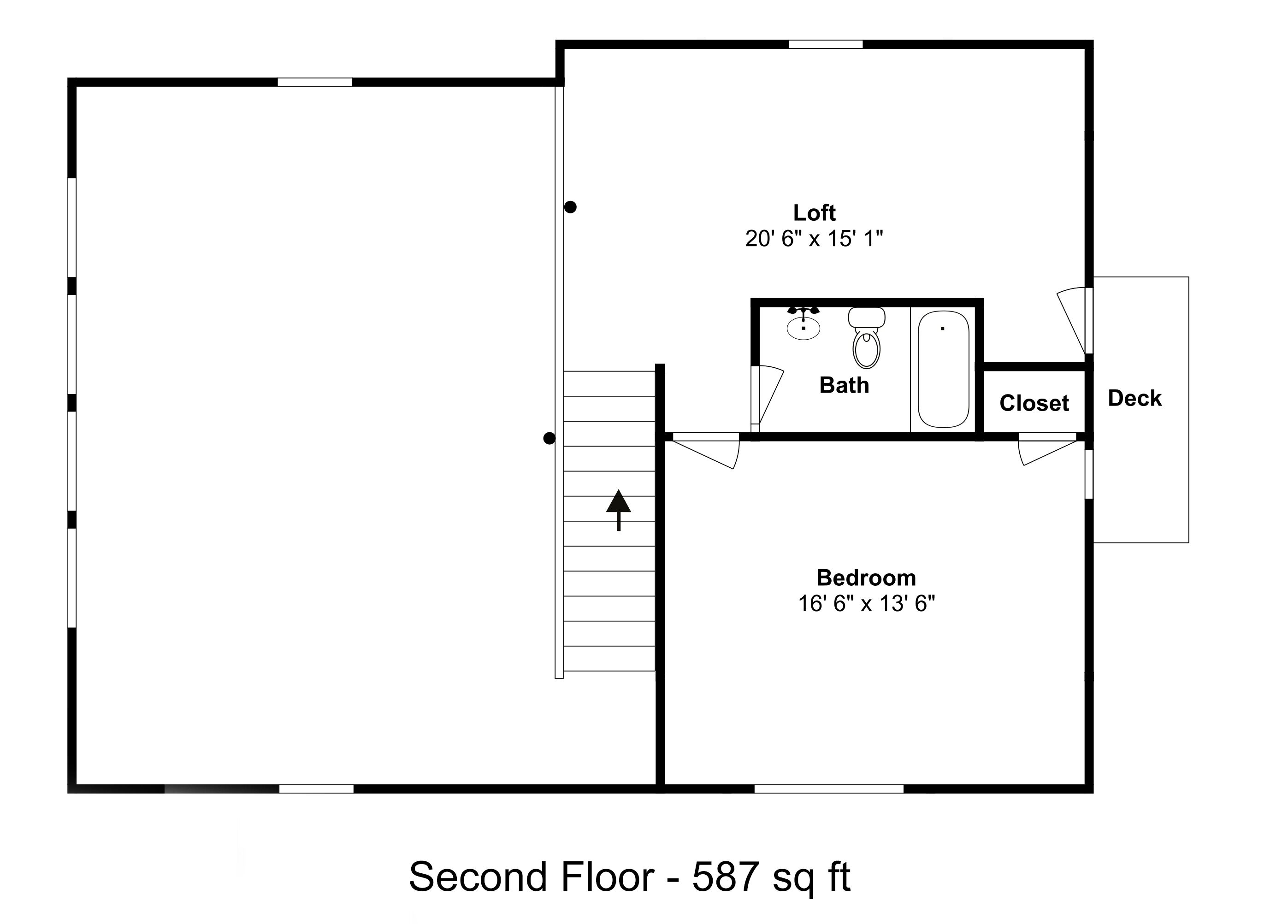A floor plan of a second-floor apartment measuring 587 sq ft, including a bedroom, loft, bathroom, closet, and deck.