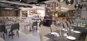 A modern restaurant interior with multiple dining tables, chairs, and a bar area. - Damac Hills 2 Hotel, an Edge by Rotana (Dubai)