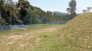 Un terrain de football recouvert d’herbe, avec des poteaux de but et un filet, entouré d’arbres et bordé d’un paysage vallonné.