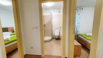 Ducha, secador de pelo, toallas y papel higiénico