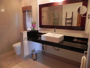 A modern bathroom with a white sink, black countertop, and a large mirror above it.