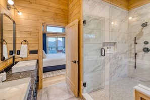 Combined shower/tub, hair dryer, towels, soap