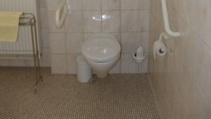 Une petite salle de bain comprenant des toilettes, un bidet, un porte-serviettes et un radiateur.