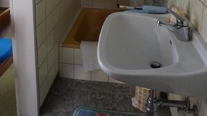 Een badkamer met een douche, een wastafel en een toilet.