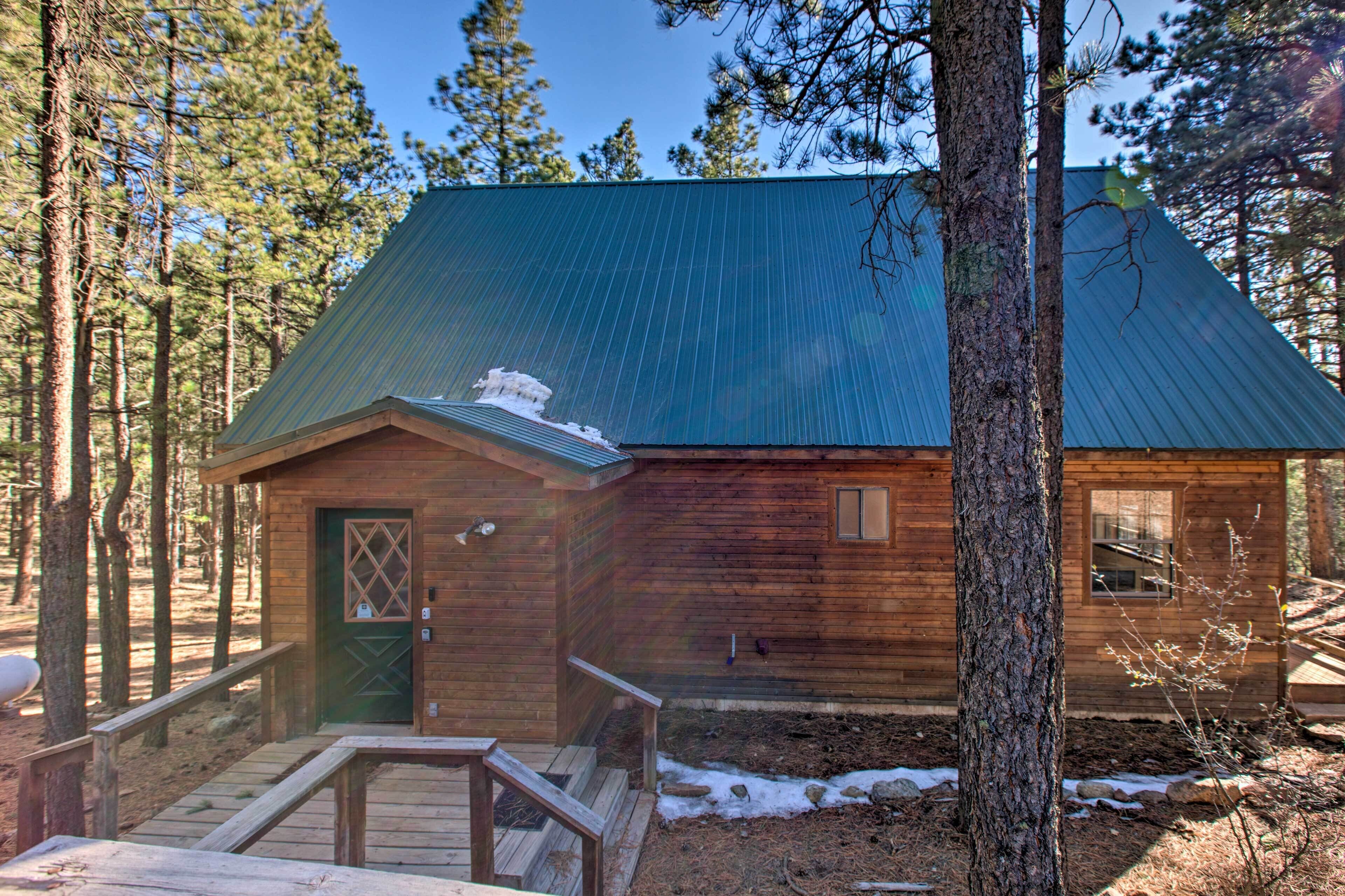 A cabin with a green metal roof, wooden walls, and a small porch with a wooden railing.