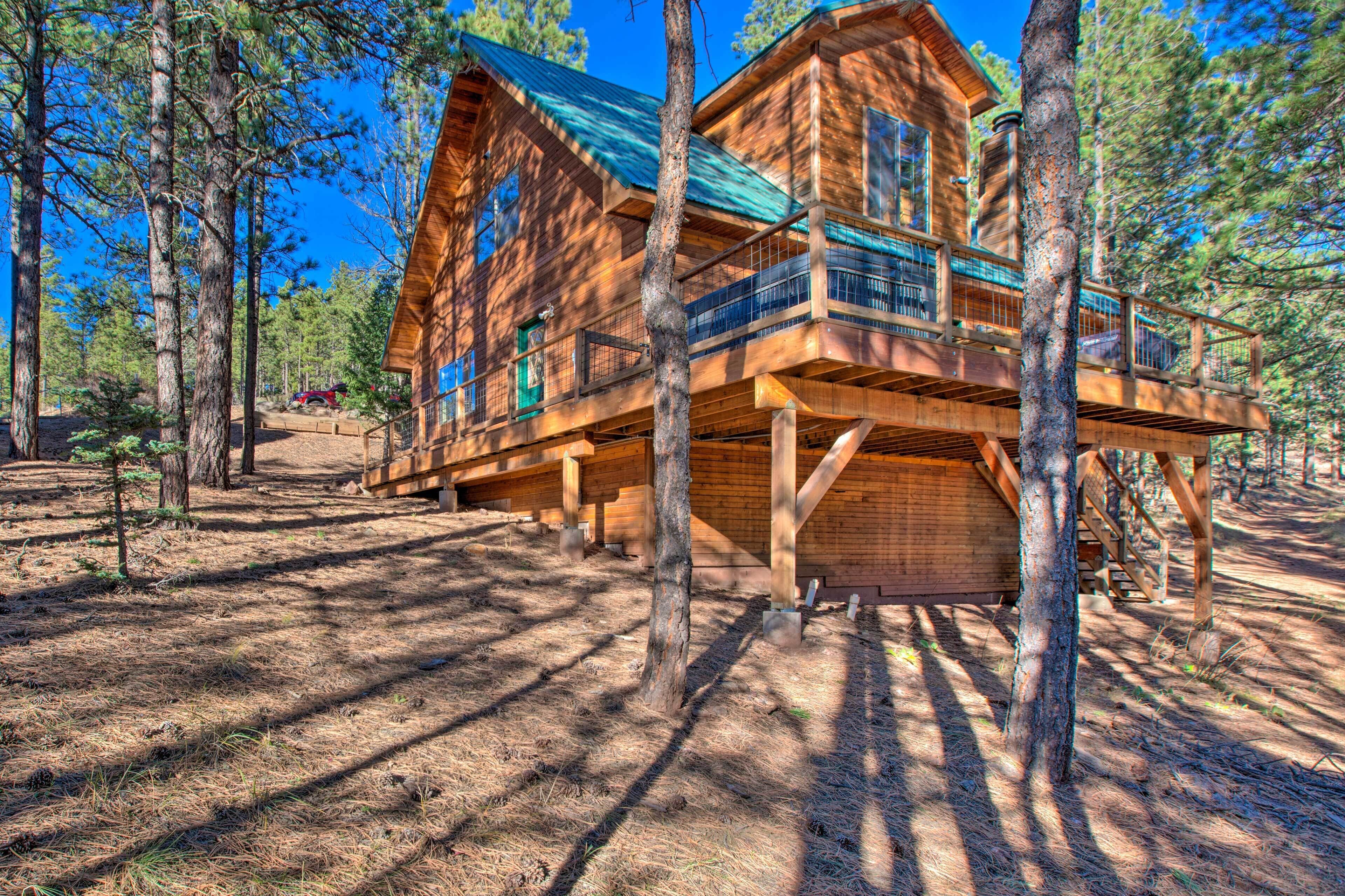 A large wooden cabin with a balcony, surrounded by tall pine trees.