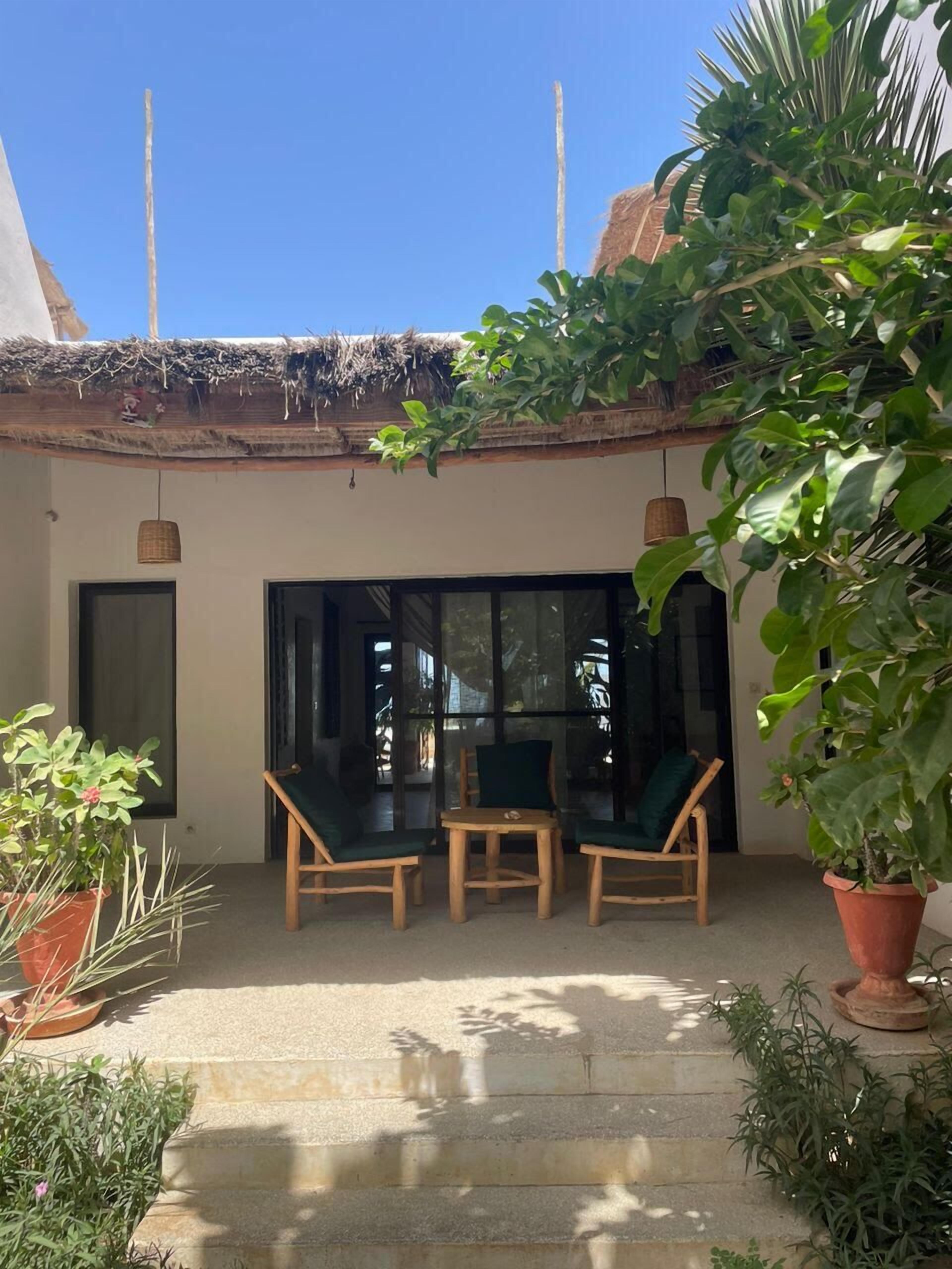 Un patio con techo de paja, muebles de madera y plantas en macetas.