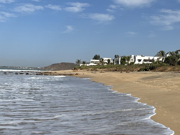 Une plage avec des vagues, un rivage sablonneux et des bâtiments blancs bordés de palmiers.