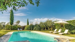 Ein rechteckiger Pool mit Steinrand, umgeben von einer Rasenfläche und Bäumen.