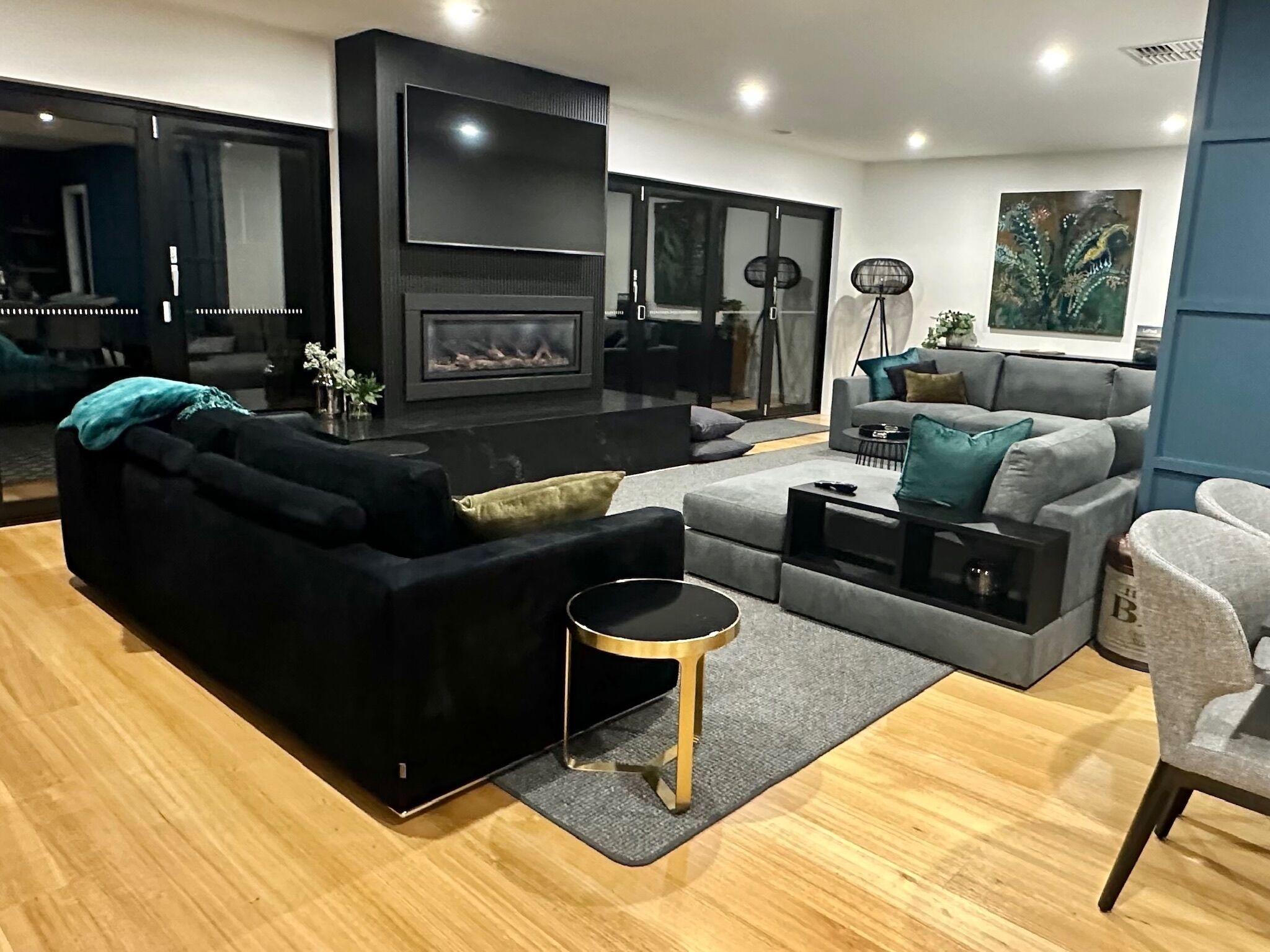 Smart TV, fireplace, books