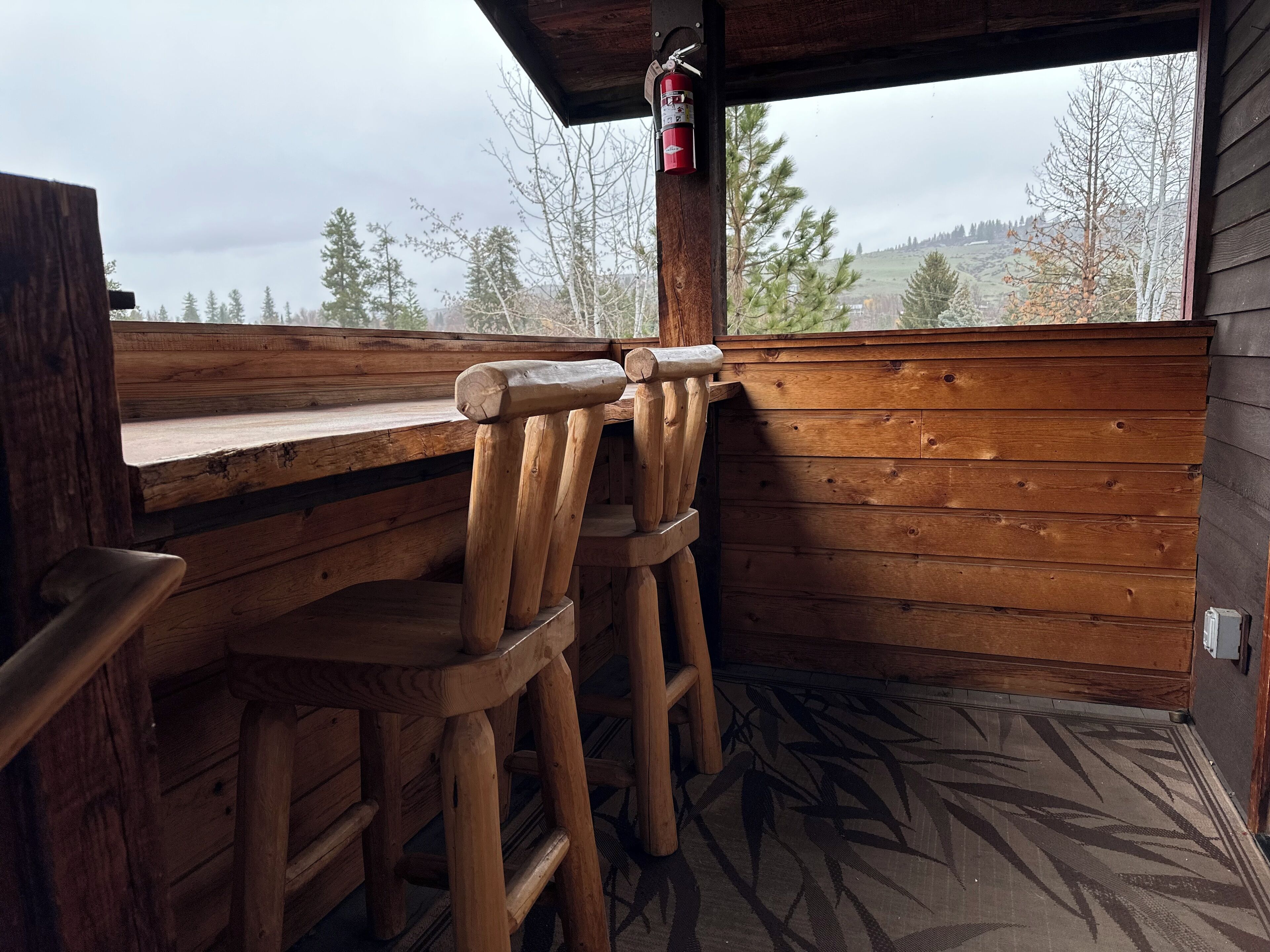 A wooden bar area with a fire extinguisher mounted on the wall, a view of trees and hills through a window, and a patterned floor.