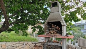 Una parrilla exterior con un muro de piedra y un árbol de fondo.