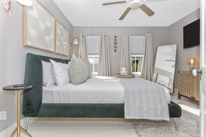 3 bedrooms, desk, blackout curtains, iron/ironing board