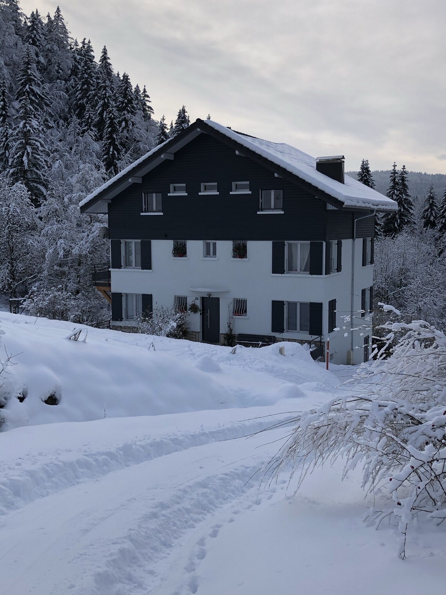 Un bâtiment à deux étages, doté d’une façade sombre et de bordures blanches, entouré d’arbres couverts de neige.