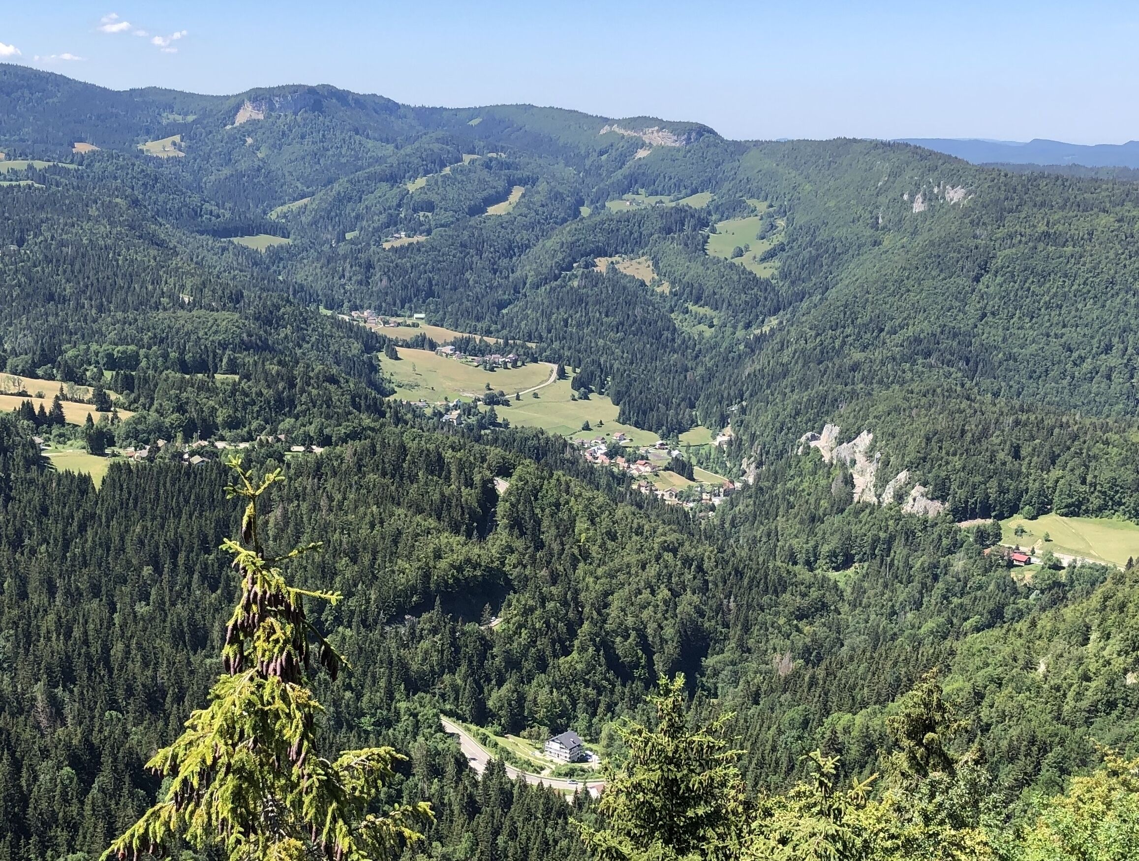 Un paysage montagneux avec de vastes forêts, une route sinueuse et des bâtiments dispersés.