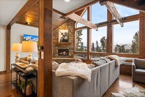 Smart TV, fireplace, books, printers