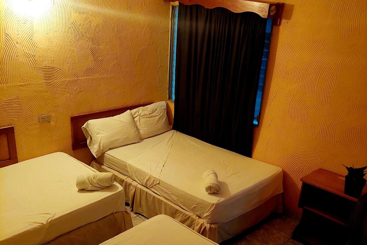A hotel room with two single beds, a small wooden nightstand, and a curtain.