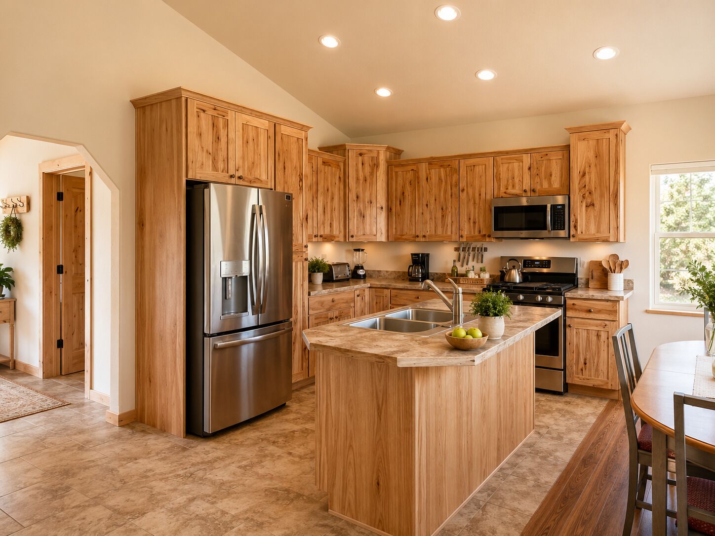 Una cocina moderna con armarios de madera, electrodomésticos de acero inoxidable y una isla central.