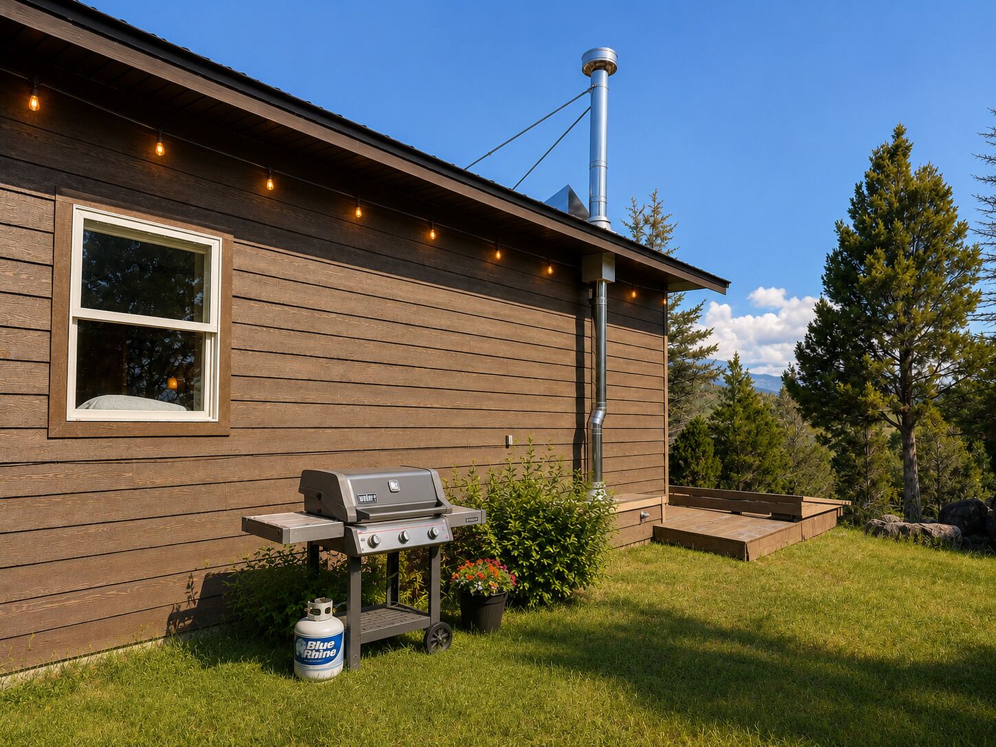 A house with a wooden exterior, a window, a barbecue grill, and a propane tank.