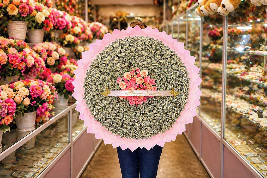A person holding a circular arrangement of money and flowers with a 'Happy Birthday' banner.