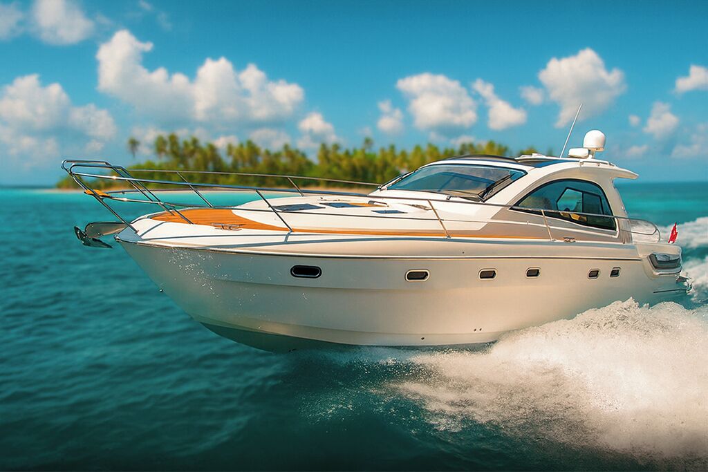 A white speedboat on water with a clear sky and distant green land.