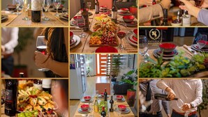 Un collage de escenas de comidas con copas de vino, botellas y diversos alimentos sobre mesas.