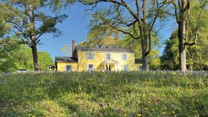 A yellow house with a front porch, surrounded by trees and a field of wildflowers. - The Sunnyside Sisters Bed and Breakfast (Clarksville)