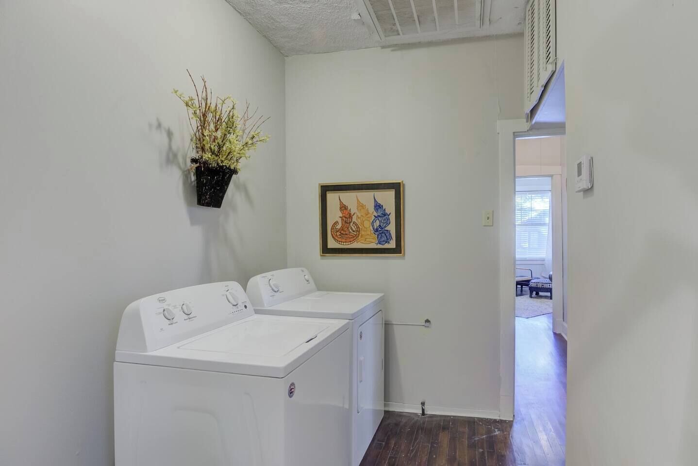 A laundry room with two white washing machines, a potted plant, and a framed picture on the wall.