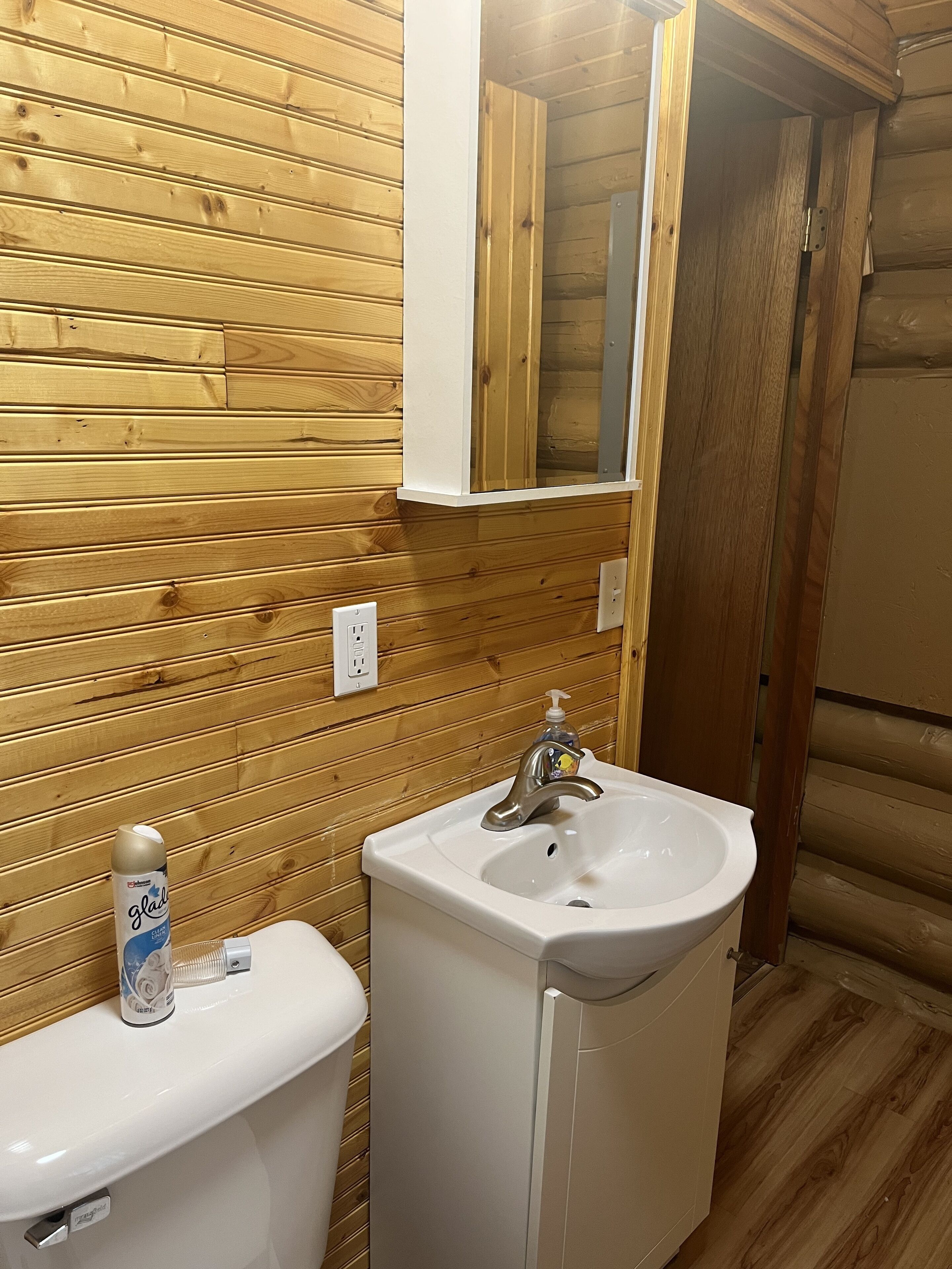 Un baño con paneles de madera, un inodoro, un lavabo con un espejo encima y una botella de jabón de manos sobre el inodoro.